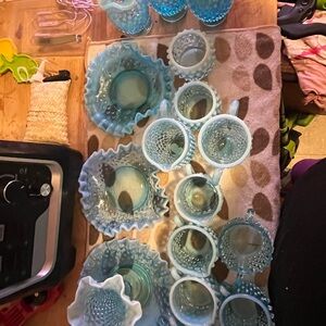 Blue Glass Hobnail Dish Set
